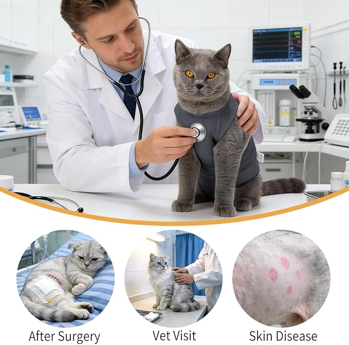 HEYWEAN Cat Recovery Suit Soft Onesie After Surgery for Female Male Cats Breathable Spay Abdominal Wound Protection Cone Alternative (Grey, Small)