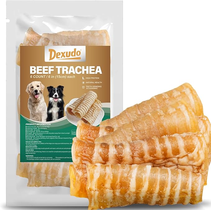 6 Inch Beef Trachea Dog Chews (6pcs - 8oz)-Trachea Dog Treats,Digestible and Safe Chews for Dogs - Natural High Protein for Medium & Large Dogs,Teeth Grinding & Cleaning, Supports Dental Health