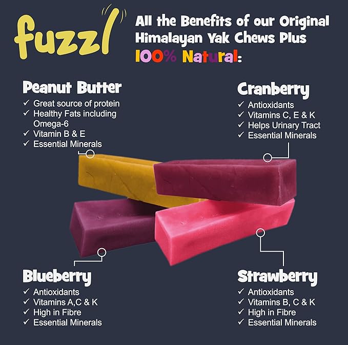 Yak Chews Blueberry, Strawberry, Peanut Butter, Cranberry Medium Pack 4 - Himalayan Yak Chews for Dogs - Natural Dog Chew