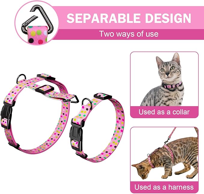 Hikiko Cat Harness and Leash Set Escape Proof Adjustable Walking Travel Cute Girl Kitten Harness for Small Medium Large Cats (Pink Polka Dots, S)