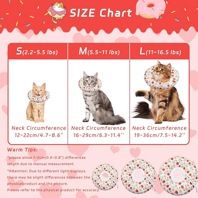 Seyezo Cat Cone Soft, Adjustable Recovery Collar for Small Medium Large Cats, Cute Donut E After Surgery, Anti-Lick Wound Healing Elizabethan for Kittens (Pink Cherry, Small)