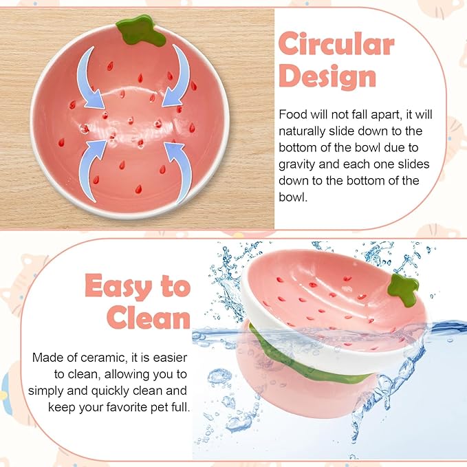 Hamiledyi Ceramic Raised Cat Bowls 15° Tilted Elevated Kitten Food Water Bowl Shallow Whisker Fatigue Kitty Dish Fruit Pet Feeding Bowls Feeder for Indoor Cats Small Dog (Pink Strawberry)