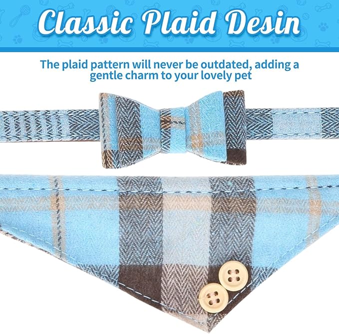 BINGPET Puppy Collar and Leash Set for Medium Dogs, Plaid Bowtie Dog Collars Bandana for Boy Girl Dogs, Cute Adjustable Collar and Leash Set with Bow for Dog Cat Outdoor Walking, Blue M (No Bell)