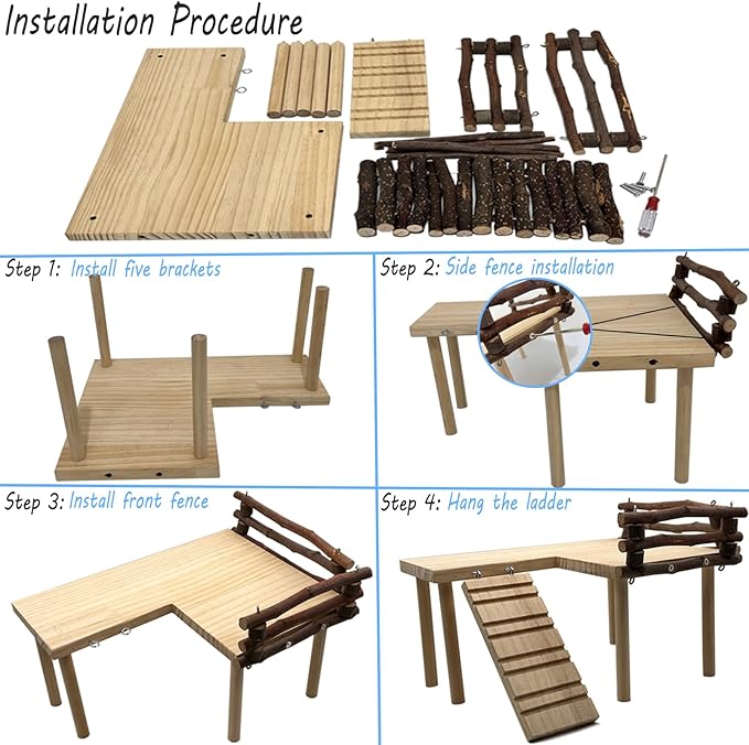 Wooden Hamster Platform with Fence, Large Syrian Hamsters Standing Platforms with Legs Wood Syrian Hamsters Playing Toy Standing Table Gerbil Cage Accessories