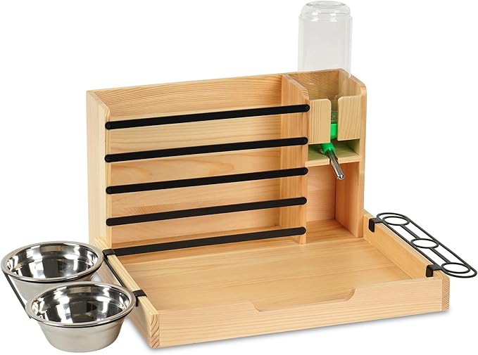 Rabbit Hay Feeder, 4 in 1 Wood Guinea Pig Hay Feeder Bunny Hay Holder with Litter Box 500ml Water Bottle 2 Food Bowl Small Animals Stuff for Cages for Chinchillas Hamster Dwarf Rabbit Ferrets