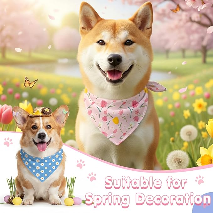 Weewooday 50 Pcs Spring Dog Bandanas Bulk with Daisy, Flower, Floral Soft Bibs Adjustable Triangle Pet Scarf Bowtie for Small Medium Large Costume Grooming(Spring, 25.6 x 17.7 x 17.7 Inch)