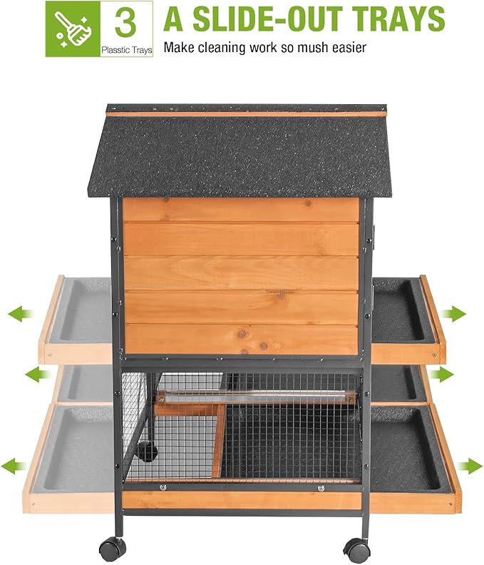 GUTINNEEN Rabbit Hutch with All Around Metal Frame, Ramp, Large Mobile Bunny Cage with 6 Wheels, 2 Story Wooden Cage for Rabbits, Guinea Pigs, and Chickens, Outdoor/Indoor Use, 62"L x 22.6"W x 33.5"H