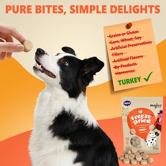 MAJOR PETS Freeze Dried Turkey Dog & Cat Treats, Quality High Protein, Hypoallergenic, Grain Free, Gluten Free, Human-Grade, Made in the USA, Easy to Digest for Training & Meal Topper, 2.5oz