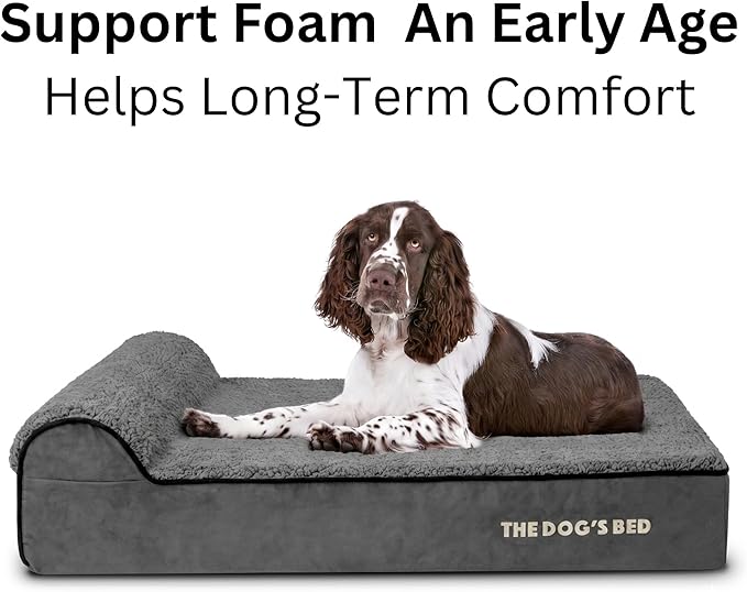 The Dog’s Bed Orthopedic Memory Foam Dog Bed with Headrest, Calming Surface – CertiPUR-Certified Foam, Plush Fabric, Grey Plush, Large, 6-Inch