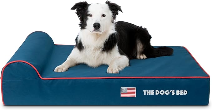 The Dog’s Bed Orthopedic Memory Foam Dog Bed with Headrest, Calming Surface – CertiPUR-Certified Foam, Oxford Fabric, Blue with Red Trim USA Flag, Large, 6-Inch