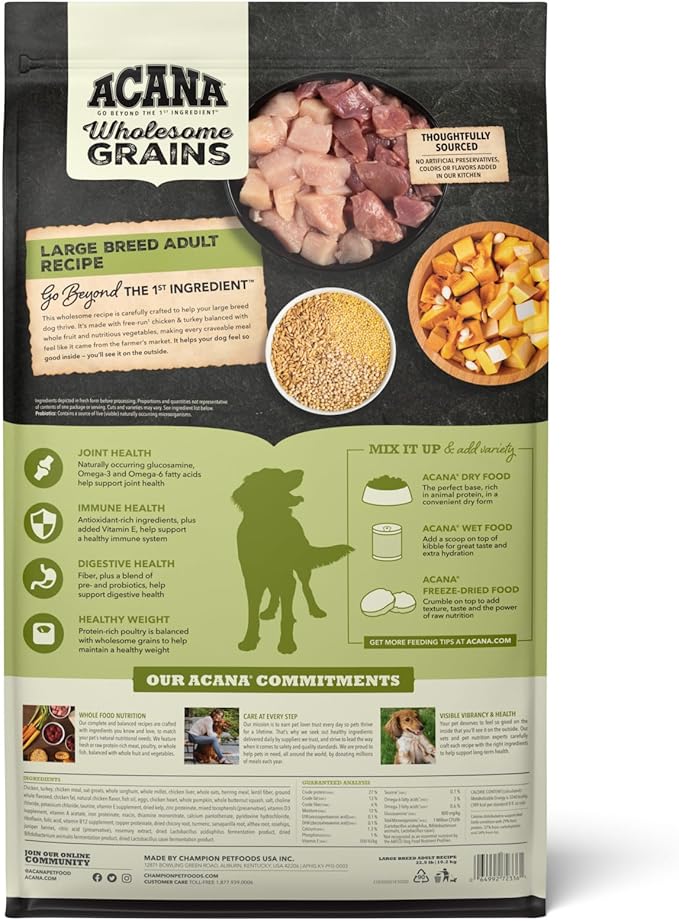 ACANA Wholesome Grains Dry Dog Food Large Breed Adult Recipe 22.5lb Bag
