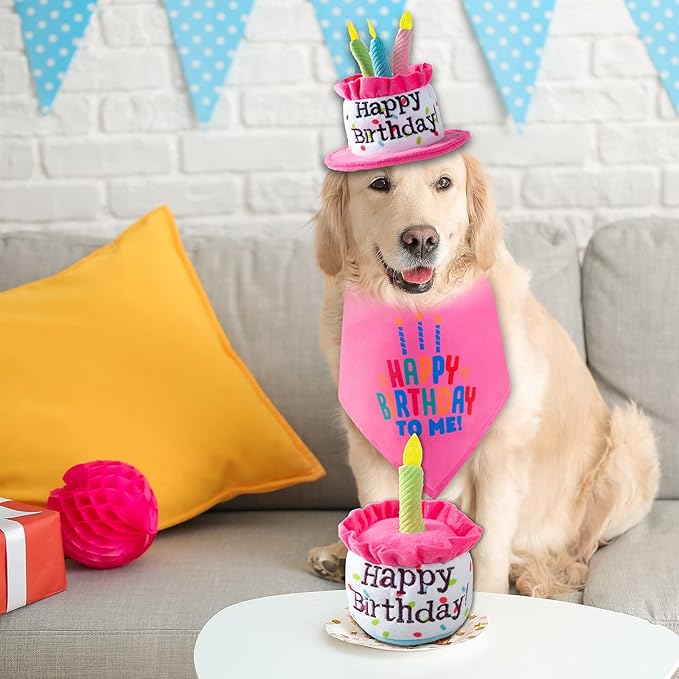 Extral Large Dog Birthday Cake Hat & Bandana Scarfs Set Pink, Dog Happy Birthday Hat with Colorful Candles, Large Dogs Birthday Party Supplies Decorations