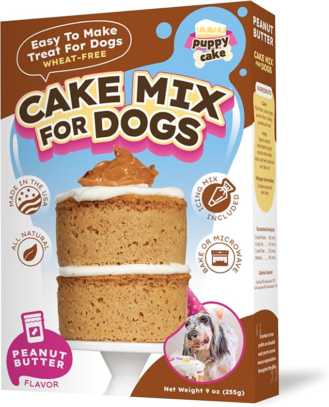 Puppy Cake Peanut Butter Dog Birthday Cake Mix with Icing - Wheat-Free, Easy to Bake/Microwave - Natural Ingredients - Made in The USA