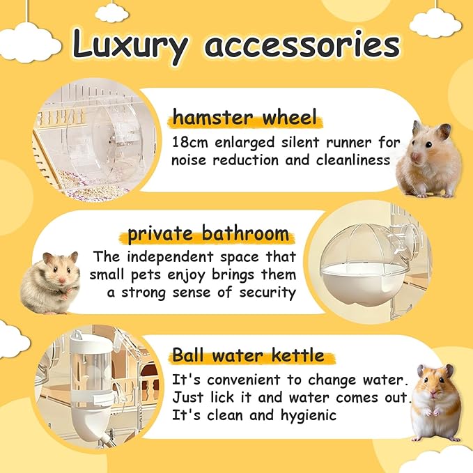 8 in 1 Acrylic Hamster Cage, 2-Tier Gerbil Hamster House, Mouse Syrian Cages, Large Critter Nation Cage with Accessories, Clear Jaula para Used for Dwarf, Bucatstate, Pet Mice (18.5"x11.81"x14.56")