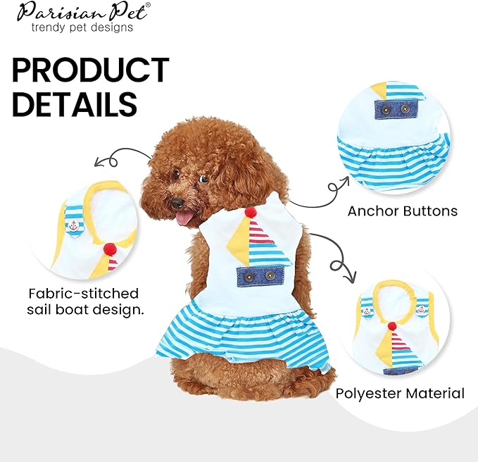 Parisian Pet Boat Dog Dress - Summer Clothes for Medium Dogs - Tropical Pet Dress - Sailor Dog Outfit - Lightweight Puppy Clothes - Designer Dresses for Dogs - Sleeveless Dog Apparel