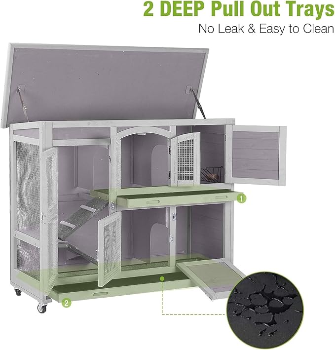 GUTINNEEN Guinea Pig Cage 2-Tier Indoor Outdoor Rabbit Hutch with Wheels, Leakproof Tray, Easy Clean Small Animal Habitat for Bunny, Hamster, Hedgehog, Ferret, Home & Garden Use