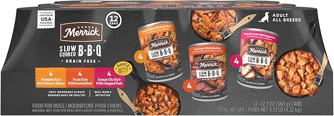 Merrick Slow-Cooked BBQ Premium Real Meat Canned Wet Dog Food Variety Pack, Beef, Chicken And Pork Recipes - (Pack of 12) 9.5 lb. Cans