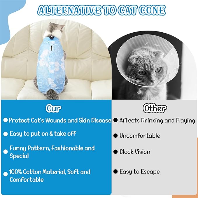 SlowTon Cat Recovery Suit - Cat Onesie for Cats After Surgery Female Male, Kitten Clothes Cats Surgical Spay Suit Abdominal Wounds, E-Collar Alternative Bodysuit Shirt Anti-Licking (Blue Flower,M)
