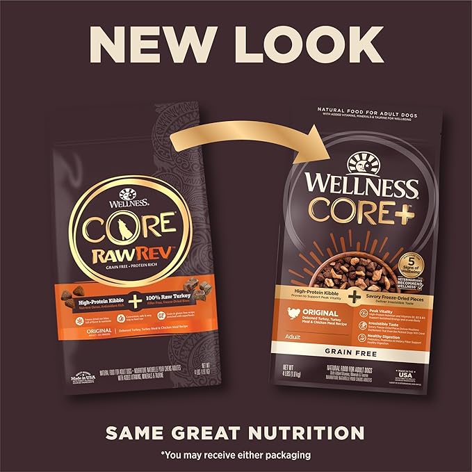 Wellness CORE RawRev Grain-Free Dry Dog Food, Natural Ingredients, Made in USA with Real Freeze-Dried Meat (Adult, Turkey, 4 lbs) (Pack of 2)