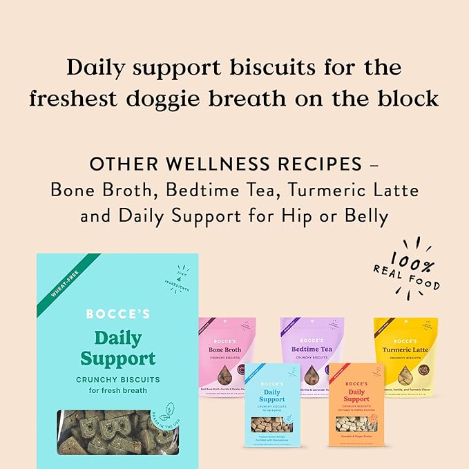 Bocce's Bakery Breath Daily Support Treats for Dogs,Wheat-Free Dog Treats,Made with Real Ingredients,Baked in The USA,Supports Oral Health,All-Natural Apple & Mint Biscuits,12 oz,(Pack of 2)