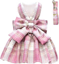 PETCARE Plaid Dog Dress Bow Tie Harness Leash Set for Small Dogs Cats Girl Cute Princess Dog Dresses Spring Summer Puppy Bunny Rabbit Clothes Chihuahua Yorkies Pet Outfits,Chest 19"