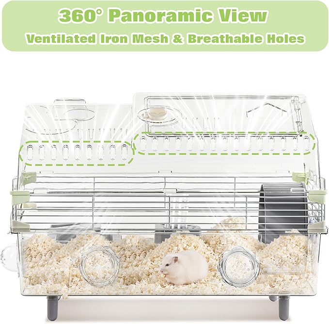 Hamster Cage Starter Kit 22″Lx12″Wx15″H with Combination of Bathtub & Food Bowl & Steps, φ6″ Exercise Wheel, Water Bottle, Sunroof, Lockable Door, Transparent/Gray