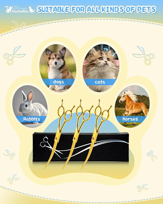 Curved Scissors for Dog Grooming, Dog Grooming Scissors Curved with Noise Reduction Pad, Light Weight,7.5" Pet Cutting Shears Safety Trimming Shearing for Dogs Cats (Curved, Golden)