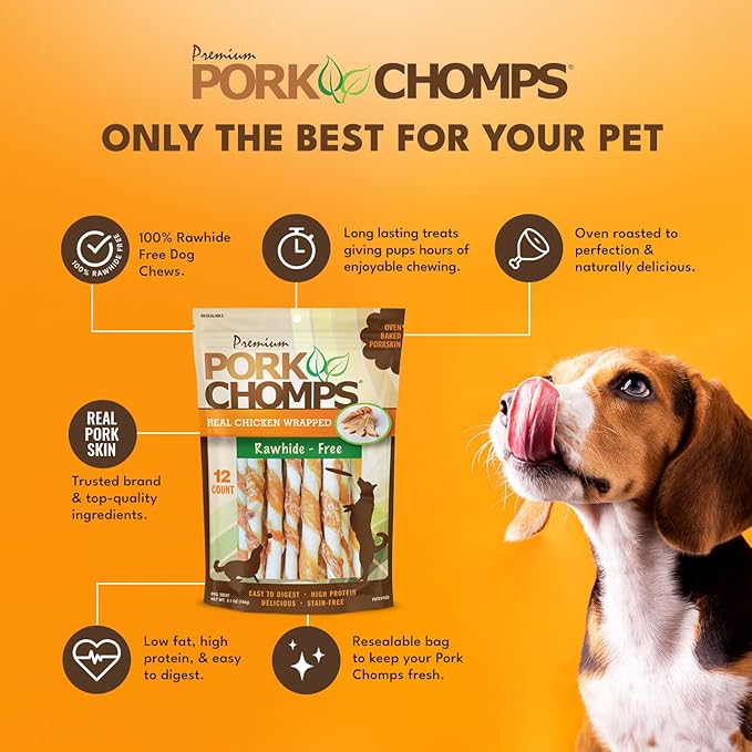 Pork Chomps Baked Pork Skin Dog Chews, 5 Inch Mini Twists, 12 Count - Real Chicken Wrap - Long-Lasting Treats for Dogs - High Protein, Rawhide-Free, Low Fat, Healthy & Delicious Chews
