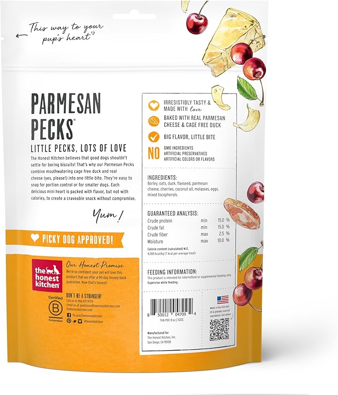The Honest Kitchen Human Grade Dog Treats Parmesan Pecks: Duck, Parmesan & Cherry Recipe, 8 oz Bag