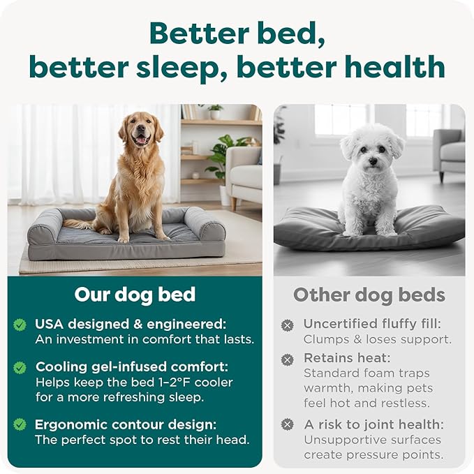 Furhaven Cooling Gel Dog Bed for Large Dogs w/ Removable Bolsters & Washable Cover, For Dogs Up to 95 lbs - Sherpa & Chenille Sofa - Cream, Jumbo/XL