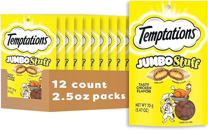 Temptations Jumbo Stuffed Cat Treats, Crunchy and Soft Cat Treats, Tasty Chicken Flavor, 2.5 oz. Pouch (Pack of 12)