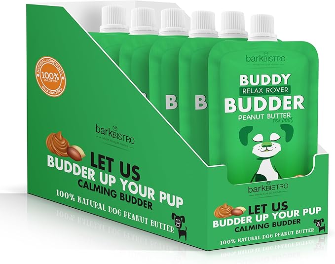 BUDDY BUDDER 6 Pack Relax Rover Dog Peanut Butter Squeeze Packs, Calming Dog Peanut Butter, Made in USA (4oz Each)