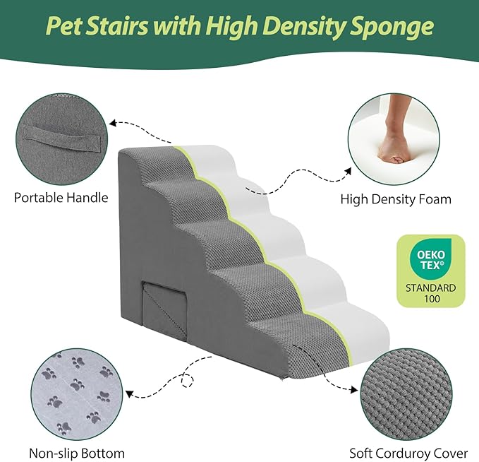 Dog Stairs for Bed up to 26", 5 Tier Dog Steps for Small & Medium Dogs, 23" H Non-Slip Balanced Pet Ramp with Washable Cover, Gray