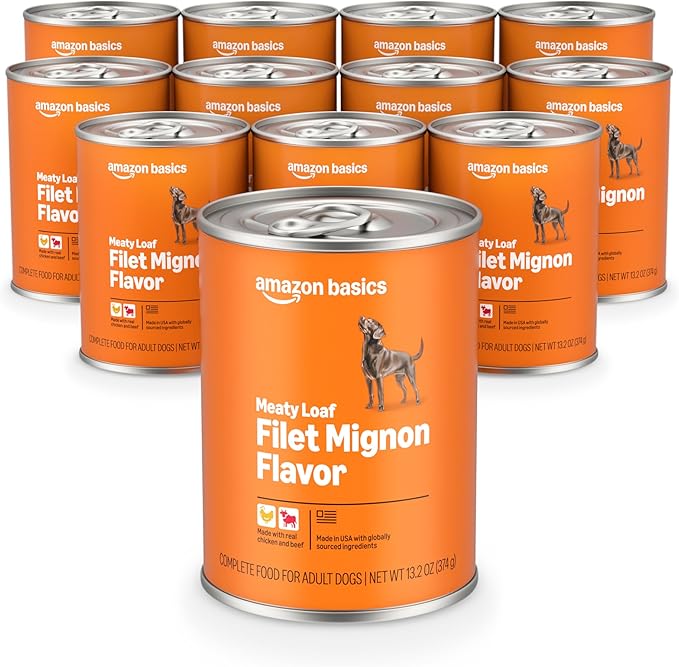 Amazon Basics Wet Dog Food, Meaty Loaf, Filet Mignon Flavor, Made with Real Chicken and Beef, 13.2 oz can (Pack of 12)