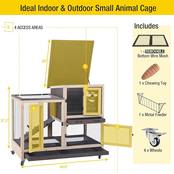 Aivituvin Upgrade Rabbit Cage Indoor Bunny Hutch with Run with Two Deeper No Leak Trays - 4 Casters Include for Outdoor (Coffee)