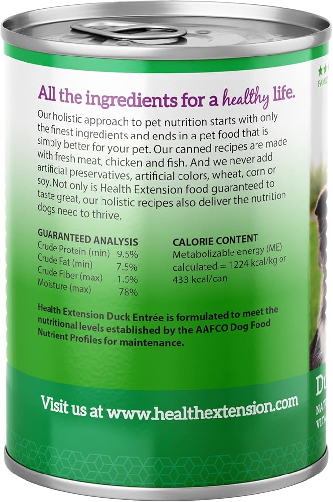 Health Extension Duck Entrée Wet Dog Food Grain-Free, 12.5 oz - Protein-Rich Recipe, Hydration Support, Ideal for Sensitive Stomachs (Case of 12 Cans)