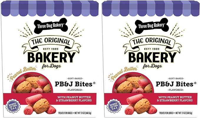 ThreeDog Bakery Soft Baked PB&J Bites Dog-Treats, Peanut Butter and Strawberry Flavor, Soft and Chewy Dog Cookies, Baked in The USA, 13 oz,(Pack of 2)