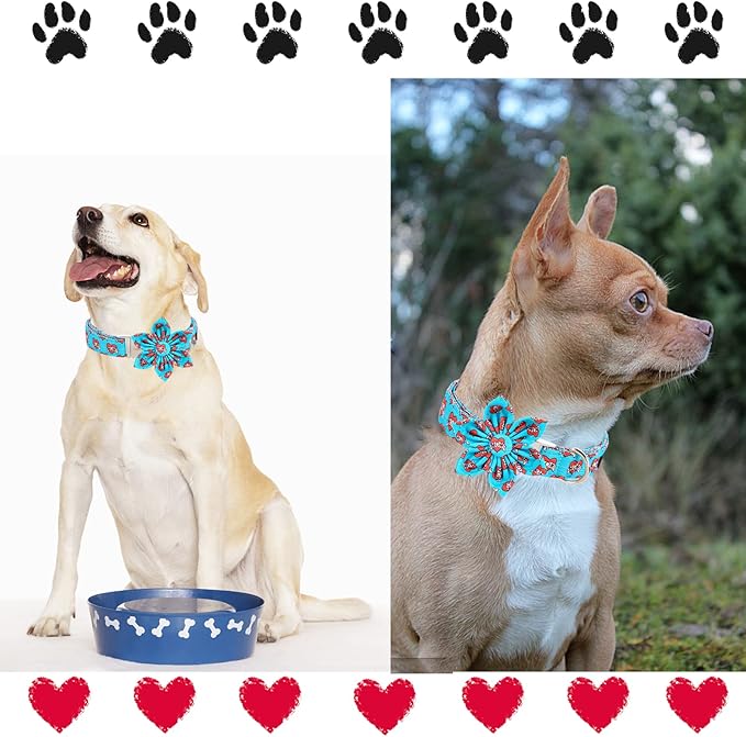 Unique style paws Valentine's Day Dog Collar with Flower Tie Blue Heart Puppy Collar Best Gift for Small Medium Large Boys Girls-M