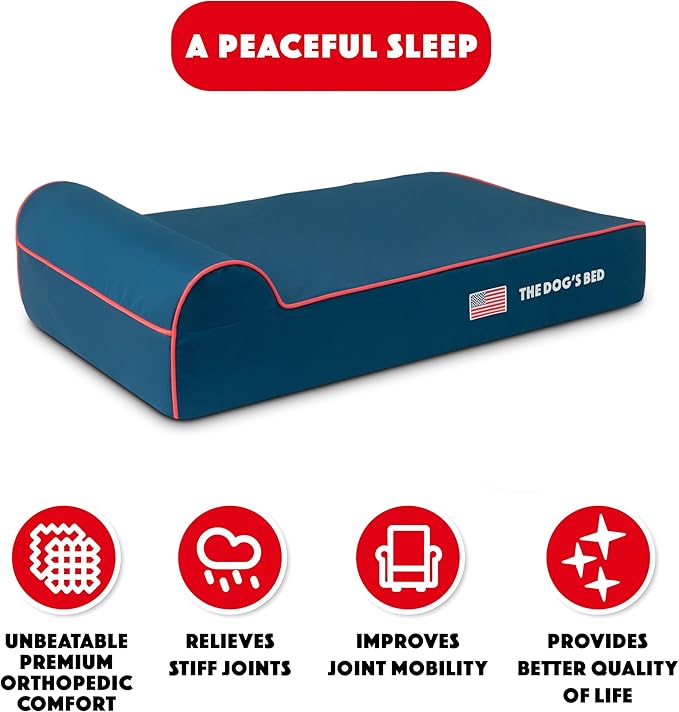 The Dog’s Bed Orthopedic Memory Foam Dog Bed with Headrest, Calming Surface – CertiPUR-Certified Foam, Oxford Fabric, Blue with Red Trim USA Flag, Large, 6-Inch
