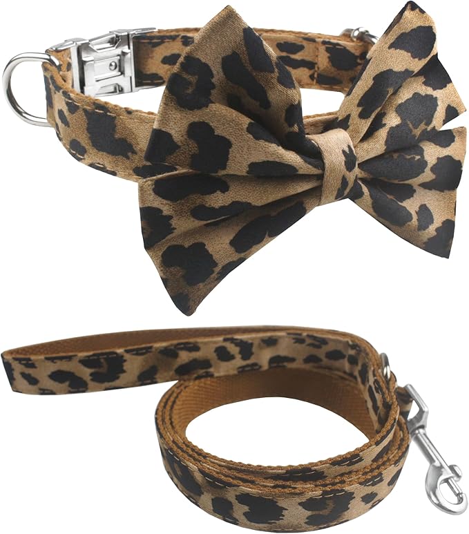 Soft Comfortable Adjustable Leopard Print Pet Collar with Bowtie, Heavy Duty Dog Collar and Leash Set for Small Medium Large Dogs Cats, Puppy Grooming Doggy Accessories, Length 18" - 26"