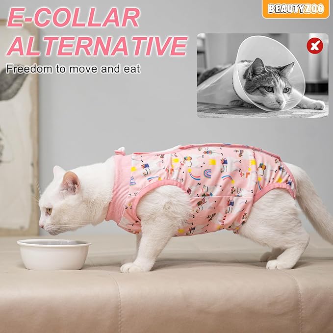 BEAUTYZOO 2 Pack Cat Recovery Suit, Cat Onesie for Cats After Surgery Female Male, Kitten Spay Neuter Surgical Recovery Body Suit Cone of Shame Alternative, Anti Lick Pet Anxiety Vest, Pink XS