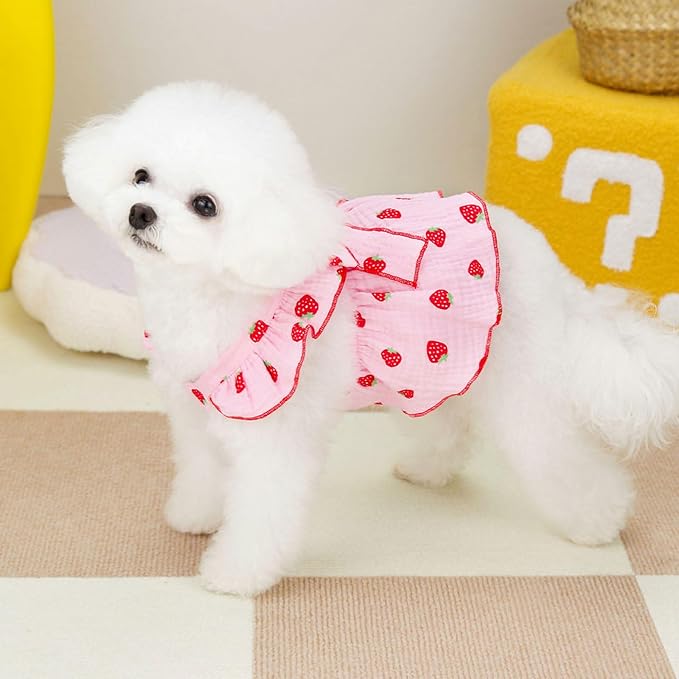 Dog Dresses for Small Dogs Girl Female Clothes Cat Clothes Cat Dress Cute Cotton Extra Summer Bow Decor Printed Strawberry Dog Birthday Outfit Small Puppy Clothes