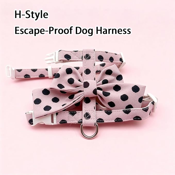 Cat Harness and Leash Set, Sweet Bow Kitten Collar, Escape Proof Pink Dog Harness, Cute Polka Dot Print Puppy Collar, Girl Dog Leash for Extra Small Dogs Kittens Outdoor Walking (Pink, S)
