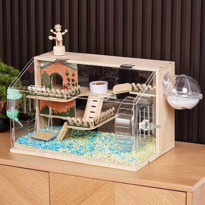 11 in 1 Wooden Hamster Cage with All Accessories, 19.3" 3-Layer Dwarf Hamster Cage Acrylic,Small Animal Cages, Pastoral Style Mouse Cage for Mice, Hedgehog and Small Pets, with Stairs, Fences, Swing