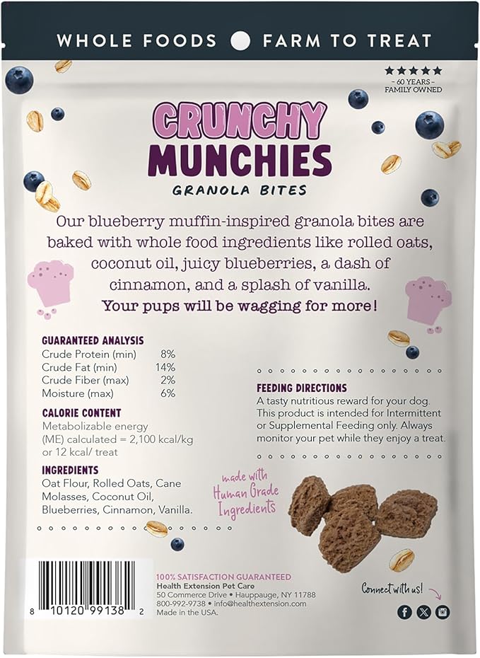 Health Extension Crunchy Munchies Granola Bites Blueberry Ruffin Flavor, Natural Limited Ingredient Dog Treats with Rolled Oats & Coconut Oil, Made in The USA (5oz Bag)