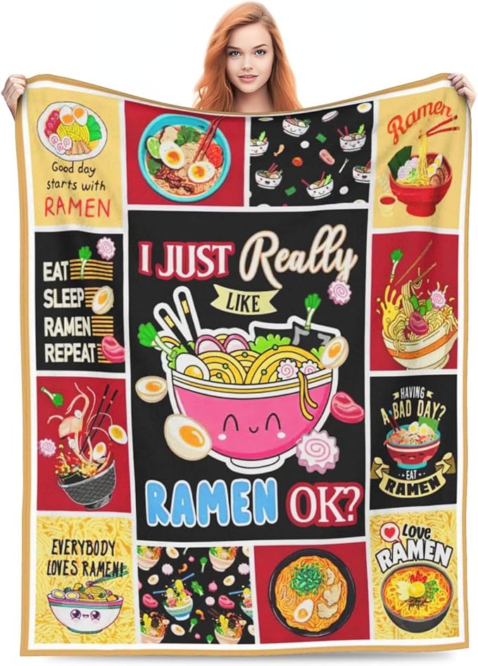 SweetFox Just A Girl Who Loves Ramen Blanket, Ramen Decor Throw Blanket Gifts for Girls Boys Food Lovers Super Warm Soft Plush Fleece Flannel Winter Bedding Blankets for Kids Adults Men Women 60"X50"