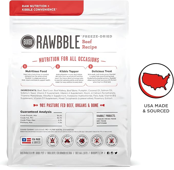 BIXBI Liberty Freeze-Dried Dog Food Topper & Treats, Beef – 98% Meat & Organs, No Refrigeration – USA Made, 26 oz