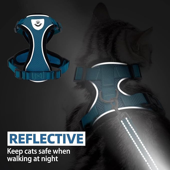 PUPTECK Cat Harness and Leash Set Escape Proof Reflective Cat Walking Harness Adjustable Soft Breathable Mesh Vest for Small Pets, Blue, L