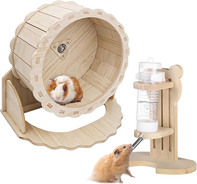 2 PCS Wooden Silent Hamster Wheel and Hamster Water Bottle Set, 8.6" Guinea Pig Wheel with Adjustable Water Dispenser Stand for Gerbil, Syrian & Dwarf, Chinchilla and More Small Animal