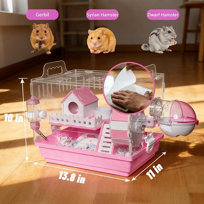7-in-1 Acrylic Hamster Cage with All Accessories - Double Layer Hamster House with Transparent Viewing, Chew-Proof Small Pet Mice Enclosure Cage for Dwarf Syrian Gerbils, 14*11*10in (Blue)